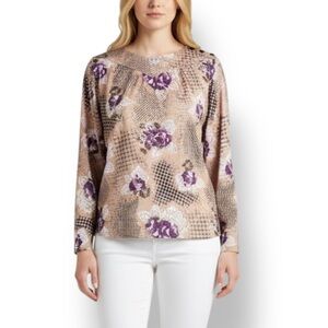 4/$20 Teddi VTG Floral Patchwork Print Blouse Button Shoulder Long Sleeve Top